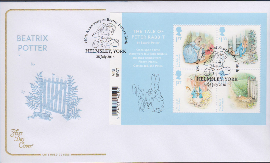2016 - Beatrix Potter Minisheet COTSWOLD First Day Cover, Helmsley York Postmark